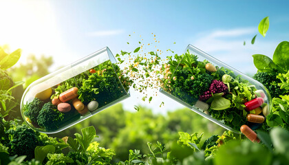 Transparent Capsule Filled With Fresh Vegetables and Herbs Against a Lush Green Background