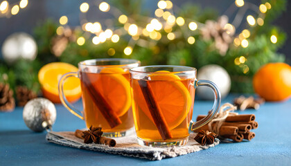 Two Mugs of Spiced Tea with Oranges and Cinnamon Sticks
