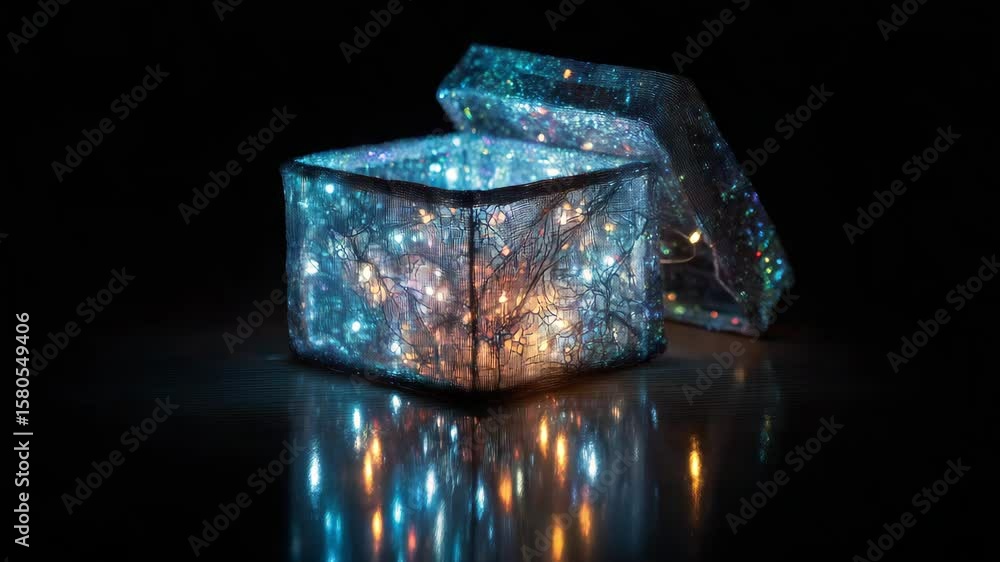 Poster illuminated decorative box with a lid sits on a glossy dark surface reflecting the light from the st