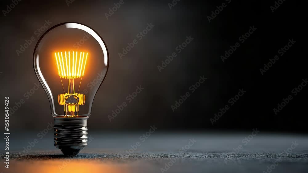 Poster illuminated lightbulb with glowing filament on a dark textured surface reflecting warm light