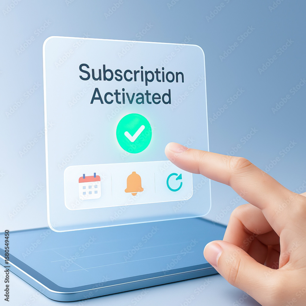 Poster subscription activated notification with finger pointing on transparent digital interface, modern te