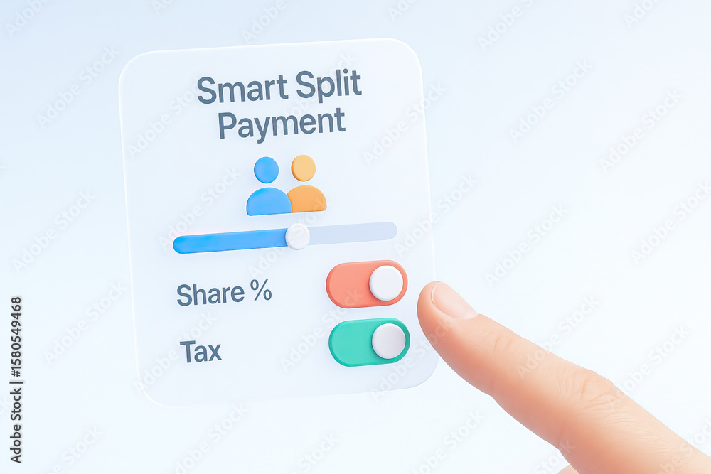 Poster smart split payment interface with share percentage slider and tax toggle switches, finger about to 