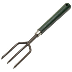 Fototapeta premium Garden hand fork with a sturdy handle and three prongs for soil cultivation.