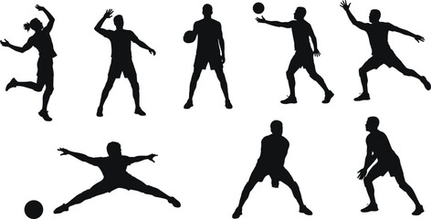 Sports silhouette cad drawing flat vector illustration, athletic icons performing jump, throw, catch poses, front view dynamic action layoutSports silhouette cad drawing flat vector illustration