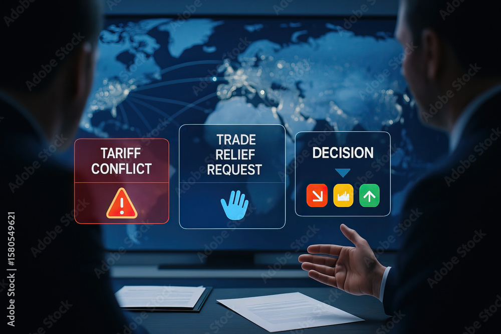 Poster trade conflict, tariff dispute, and trade relief request concepts displayed on screen with two busin