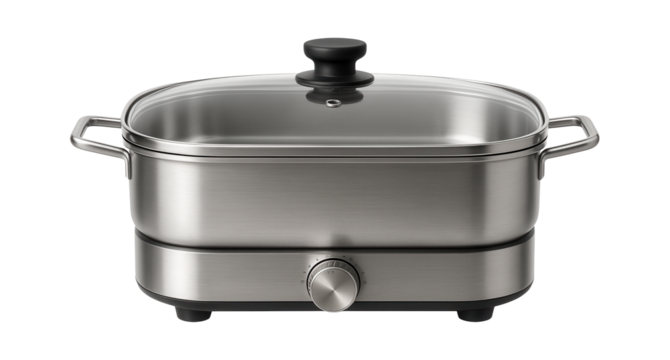 A large electric frying pan with adjustable temperature settings, convenient for buffet-style breakfast serving at home.