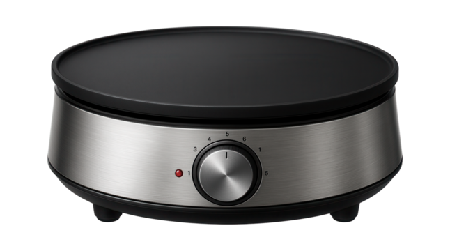 Electric pancake pan with temperature control, suitable for making pancakes on an apartment balcony.