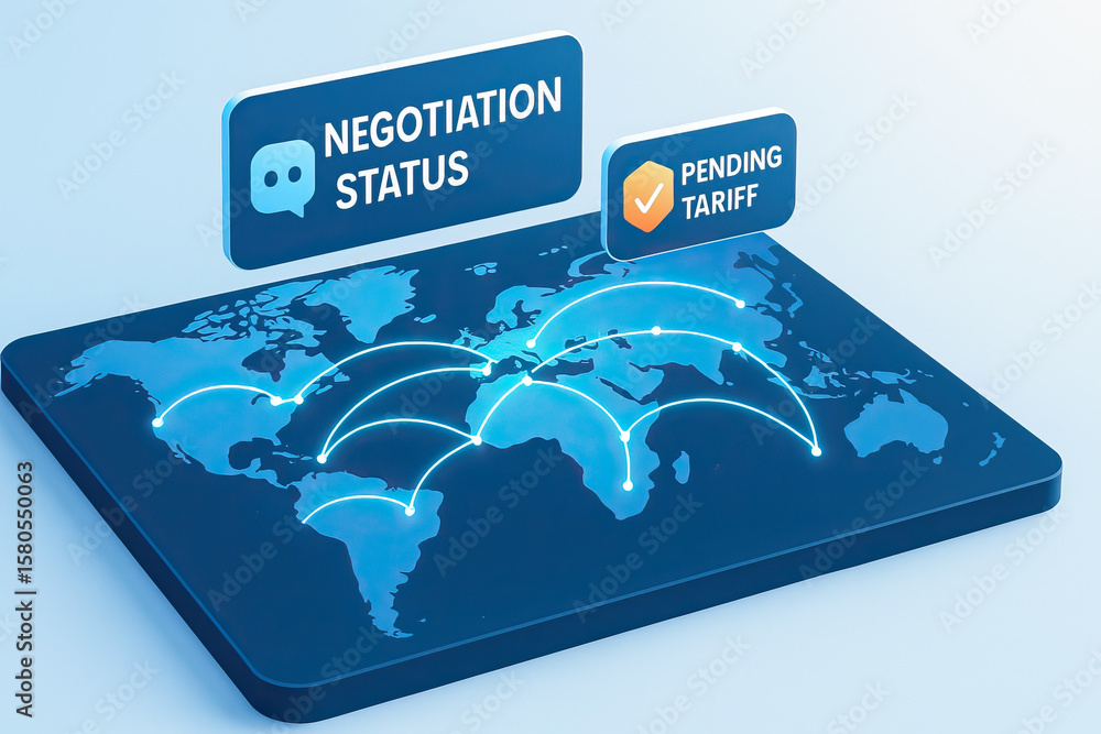 Poster global trade negotiation status with pending tariff alert, digital world map showing international c