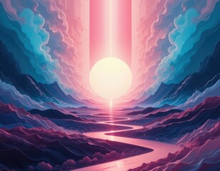 An abstract, colorful sky at sunset with vibrant rays of light reflecting on the ocean's horizon