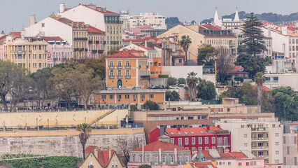 Aerial view over the center of Lisbon to the viewpoint called Miradouro de Sao Pedro de Alcantara...