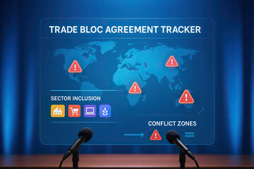 Trade bloc agreement tracker with world map highlighting conflict zones and sector inclusion icons for industry, retail, technology, and agriculture, displayed on transparent screen