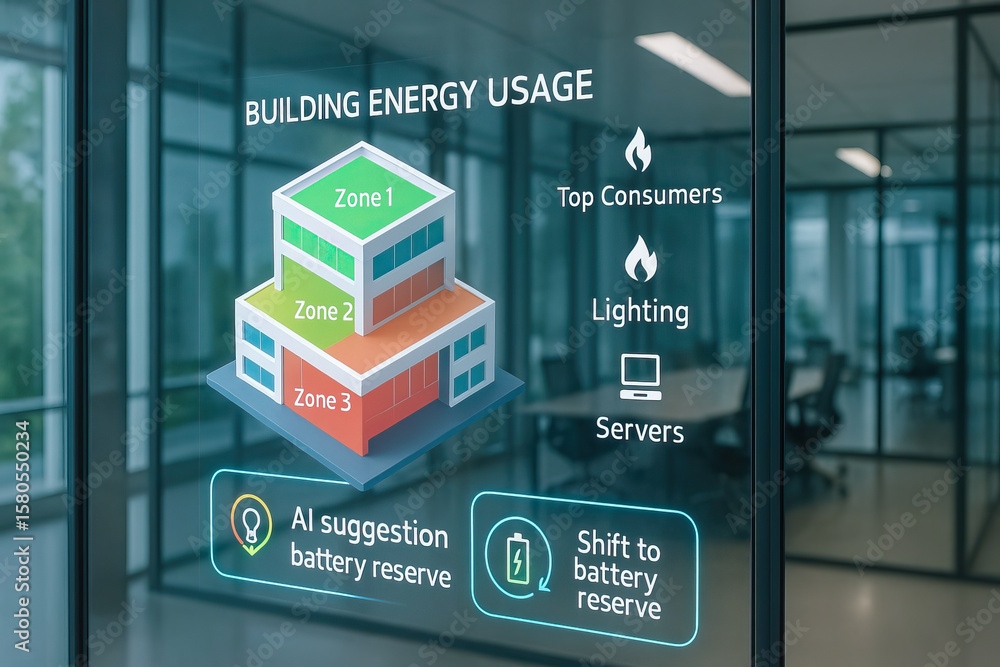 Poster building energy usage display showing zones and top consumers with ai suggestions for battery reserv