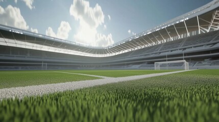 Soccer stadium grass field perspective with white lines and blue sky view