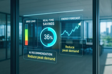 Energy savings and grid load monitoring with AI recommendation to reduce peak demand and energy forecast showing increasing trend in modern office environment