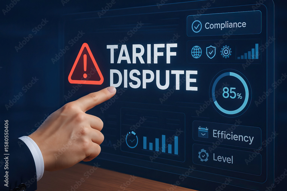 Poster tariff dispute concept with hand pointing at digital interface showing compliance, efficiency, and p