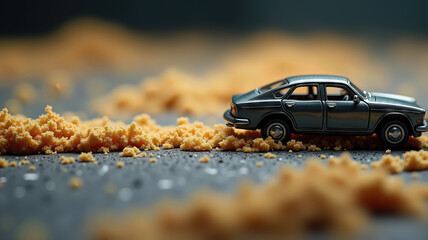 Hyperrealistic miniature car driving across rough terrain made from sandpaper surface - illustration of suspension comfort or road quality.