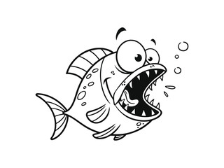 Fototapeta premium Cartoon angry fish vector line art illustration, coral reef fish silhouette illustration black and white vector, illustration of fish, logo vector illustration of bluegill fish in trendy flat