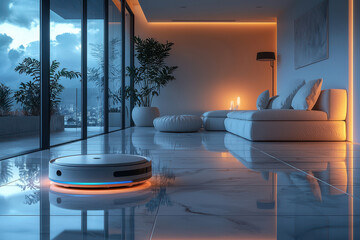 Interior of a modern house with a large window and a cleaning robot mopping the floor