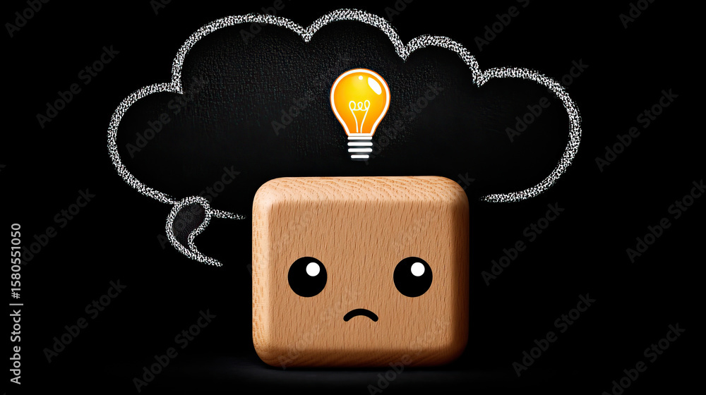 Aufkleber wooden cube with sad face and glowing light bulb inside chalk cloud symbolizing problem to solution 