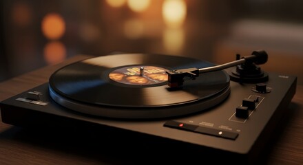 Black Vinyl Record Player on Wooden Surface with Warm Background
