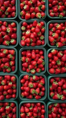 Fresh strawberries in green baskets displayed in vibrant market setting