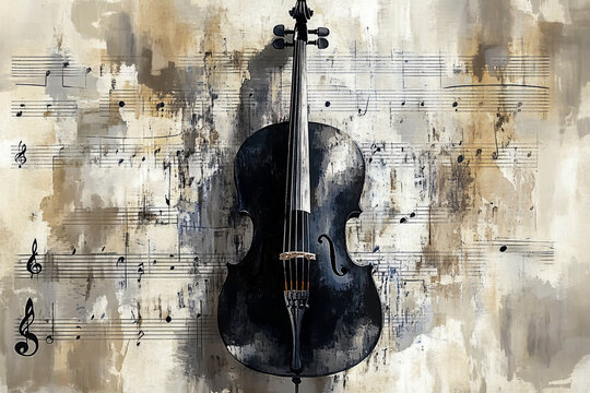 A black cello is set against a background of musical melodies in a delicate watercolor style featuring white and gray tones, placed on an abstract leaf of a musical pillar with a soft, 