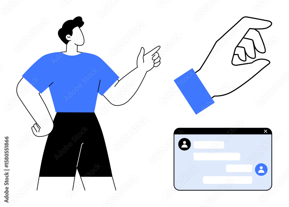Aufkleber person pointing confidently, hand gesturing interaction, message window conversation. ideal for comm