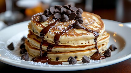 Delicious chocolate chip pancakes served hot, with gooey melted chocolate dripping and pooling on the plate.