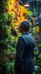 Fototapeta premium Corporate sustainability officer inspecting vertical gardens in a green certified office