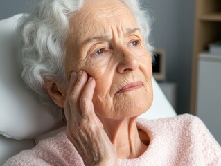 Elderly woman in pensive mood touching her face indoors