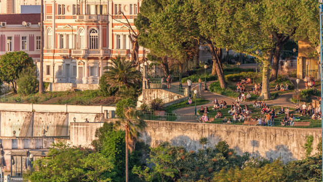Jardim do Torel timelapse with views to the city center of Lisbon during sunset. Portugal