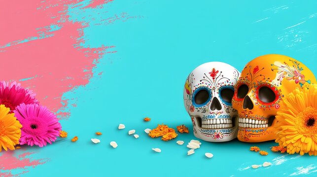 Colorful decorative skulls adorned with intricate patterns, surrounded by vibrant flowers, create a festive atmosphere, Ideal for designs related to celebrations, traditions, or cultural events,