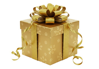 Isolated Golden Gift Box with Ribbon and Snowflakes Festive