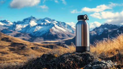 Aluminum Water Bottle on Mountain Peak