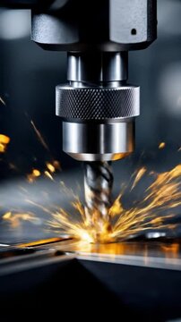 Vertical Close-up of Drilling into Metal with Sparks