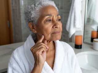 Elderly African American woman in bathrobe, thoughtful in bathroom