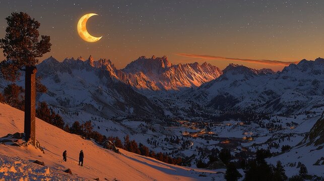 Snowy mountain range at twilight with crescent moon.