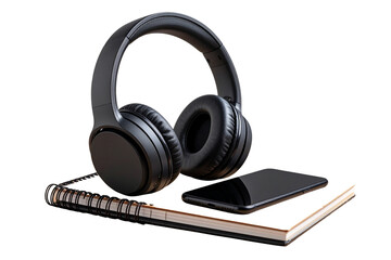 Wireless Over-Ear Headphones Resting on Notebook beside Smartphone, Isolated PNG