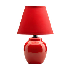 A vivid red table lamp with a textured red conical shade and a smooth red ceramic base, showcased isolated on a transparent background, adding a pop of color to any setting