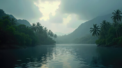 Spa hotels. Tropical river landscape at sunrise with misty mountains. Travel agencies.