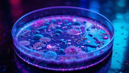 Examining Bacteria Culture Growth in Petri Dish with Colorful Lighting