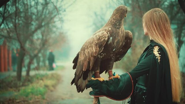 creative shooting process with animals, fashion mdel posing with bird. woman holding white-tailed eagle hand. Elf warrior blond girl beauty with brown bird pet queen hunter black costume dark trees