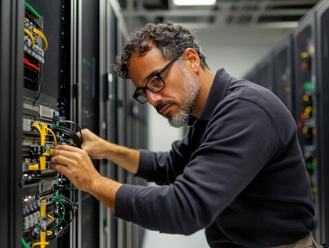 Hispanic man connecting cables in server room during daytime