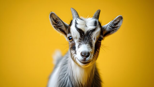 Adorable pygmy goat kid portrait on yellow background cute baby goat animal photography
