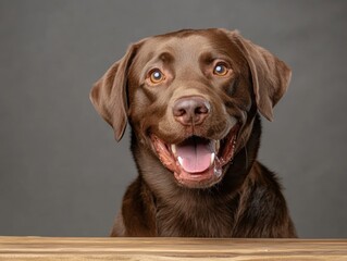 Happy Labrador Retriever on Wooden Surface in Studio