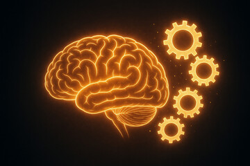 Glowing orange brain with mechanical gears representing artificial intelligence cognitive process and innovation technology concept on dark background
