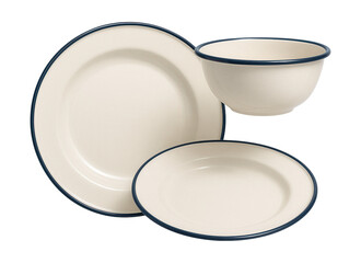 A lightweight enamel dinnerware set, great for picnics and barbecues in a home with a large backyard.