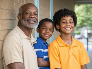 Happy senior man with two boys outdoors near brick wall