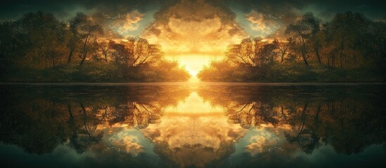 Golden Sunrise Reflecting on a Calm River, Surrounded by Trees