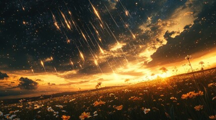 Golden sunset field, meteor shower